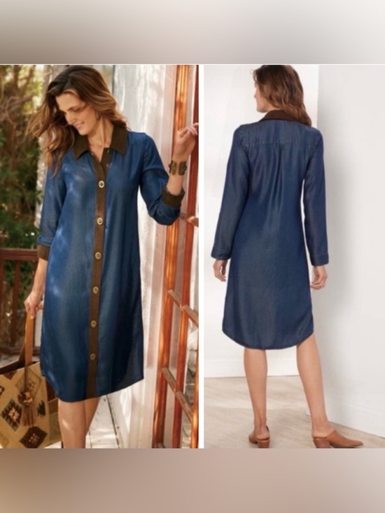 Soft Surroundings Dresses & Skirts - Soft Surroundings Blue Dress with Brown Trim